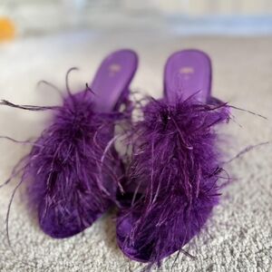Zara Purple Feather Velvet Round Toe Sandals Heels